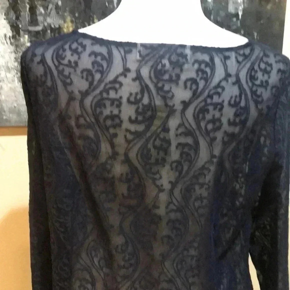 NWT Ann Taylor LOFT Navy Blue Floral Jacquard Sheer Long Sleeved Top-MP - Picture 8 of 12